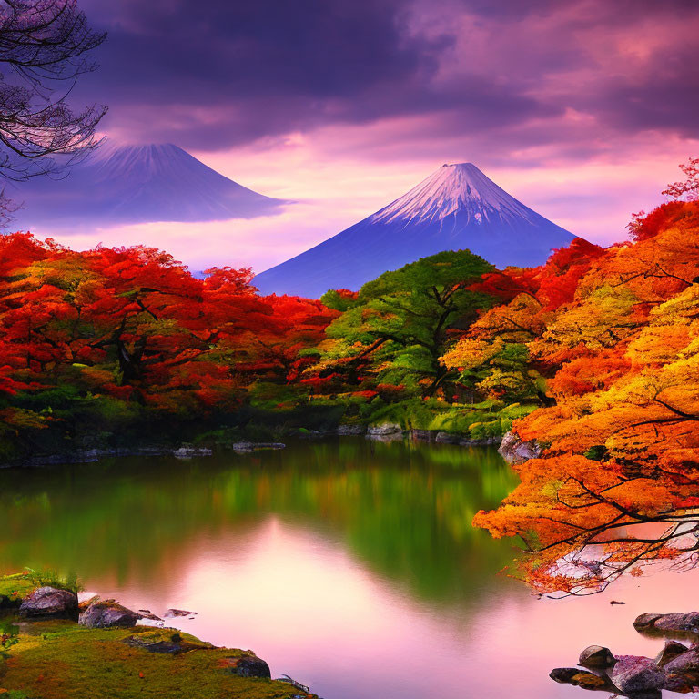 Tranquil autumn landscape with Mount Fuji, red and orange foliage, and serene pond