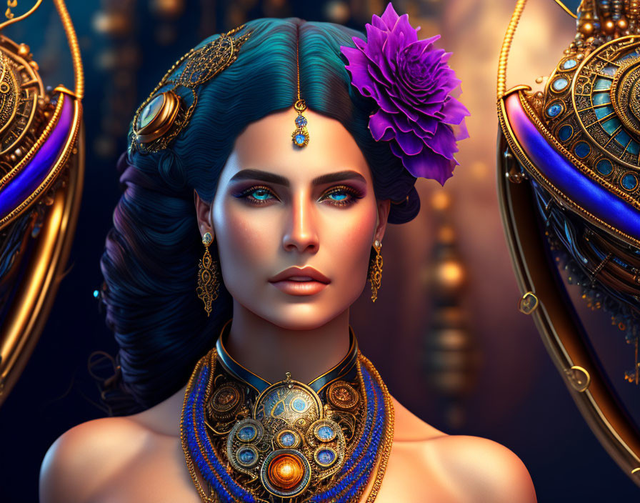 Digital Illustration: Woman with Turquoise Hair and Blue Eyes, Adorned with Gold and Blue