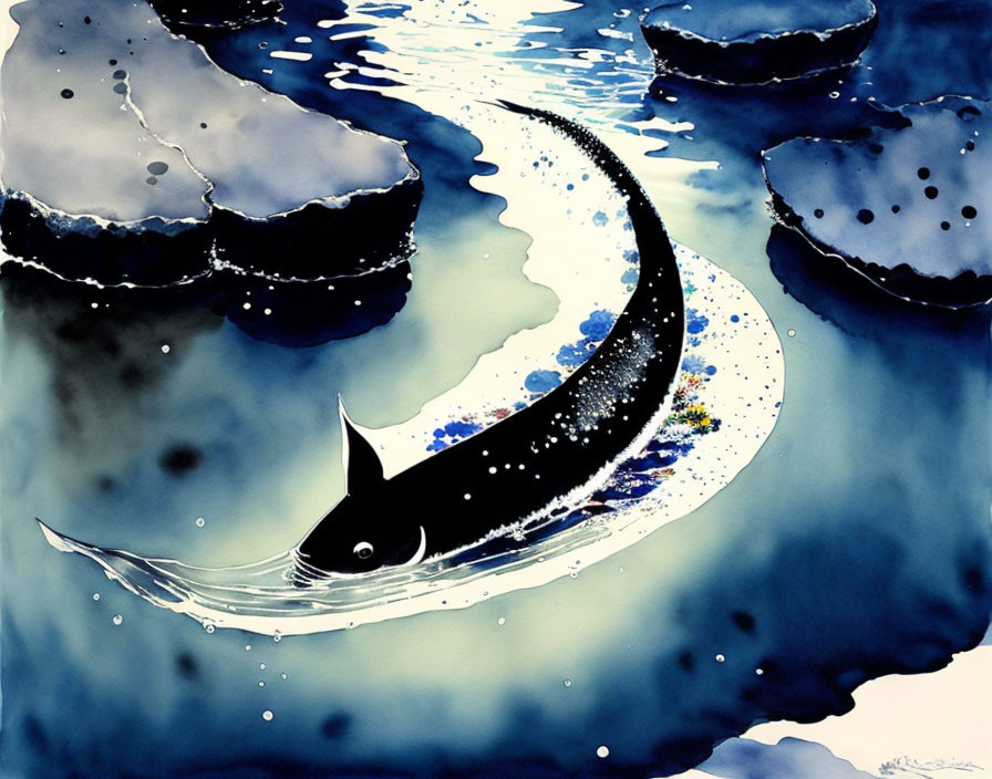 Whimsical watercolor illustration of a black fish with a white stripe in a dark blue aquatic scene