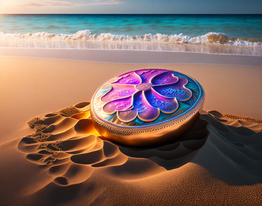 Colorful Handpan Drum on Sandy Beach at Sunset