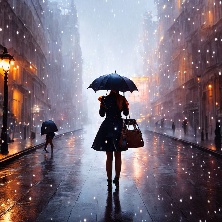 Person with umbrella standing on rain-soaked street with city lights reflecting on wet pavement.