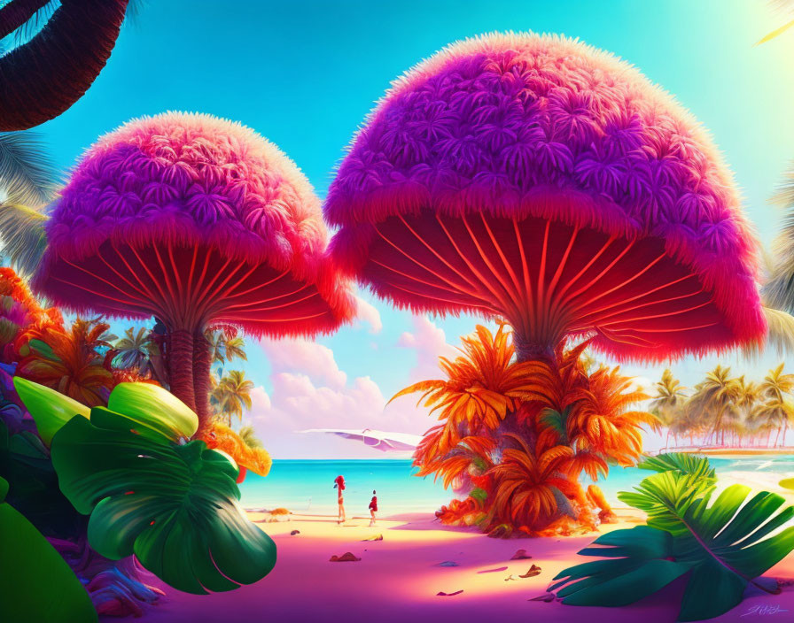 Colorful Tropical Beach Scene with Pink Mushrooms and Palm Trees