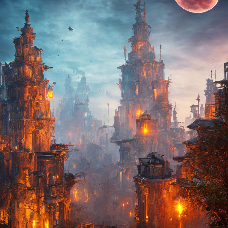 Gothic cityscape at dusk with illuminated windows and large moon.