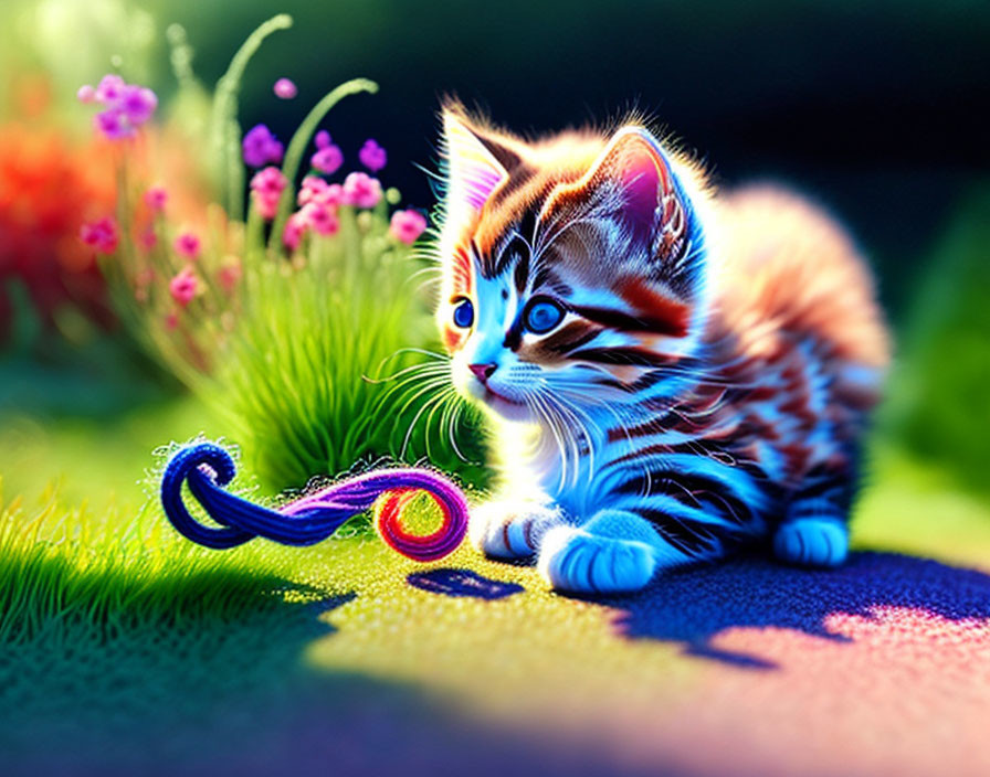 Colorful kitten with blue eyes playing with string on vibrant surface