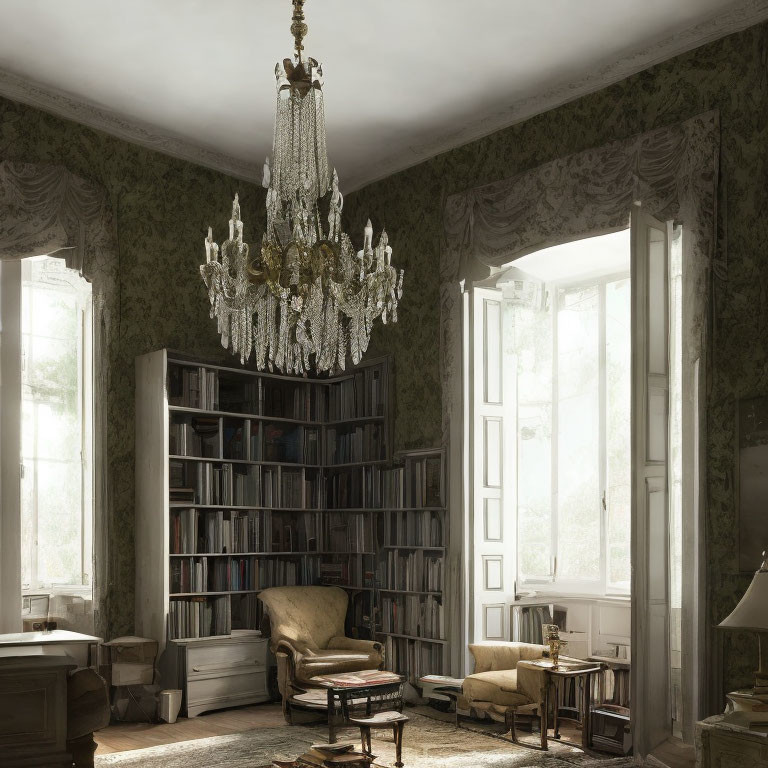 Sunlit Room with Towering Bookcase, Plush Chairs, Chandelier, Vintage Wallpaper