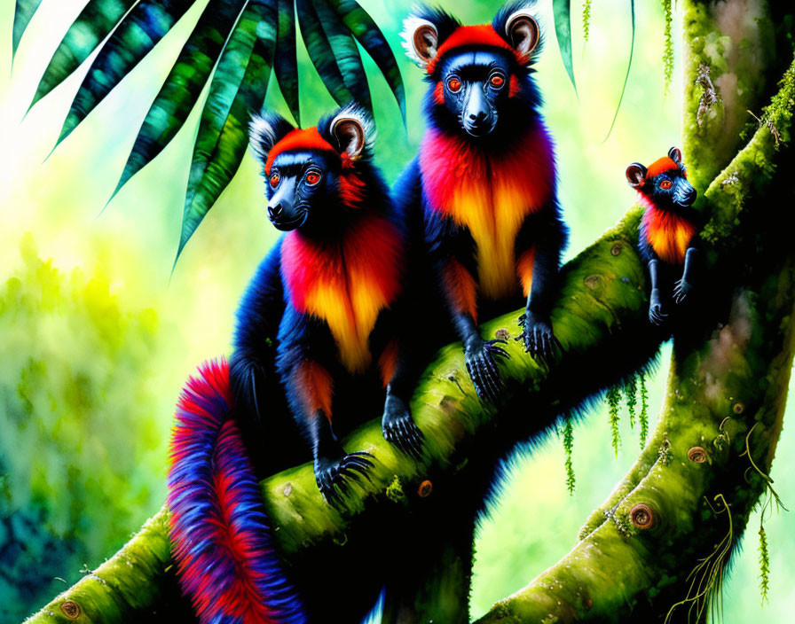 Colorful lemurs on mossy branch in lush forest landscape