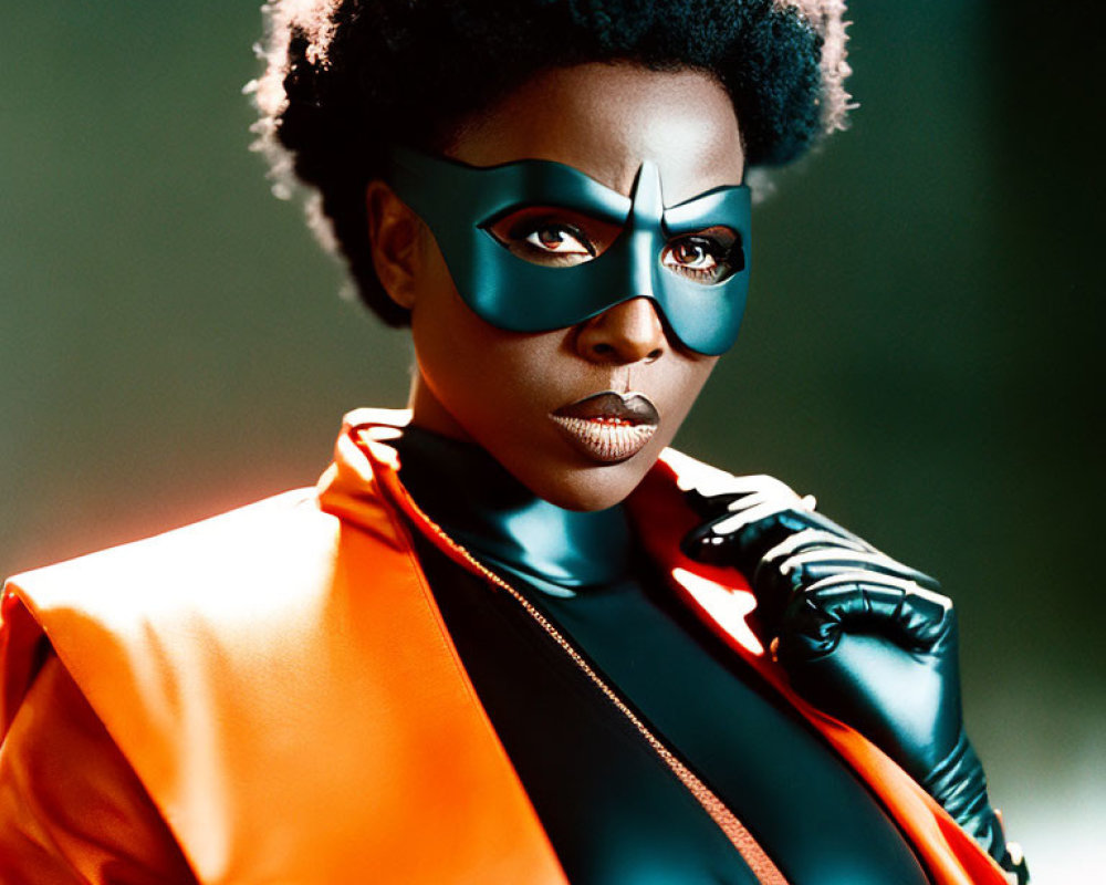 Person with Afro Hairstyle in Blue Mask and Superhero Outfit