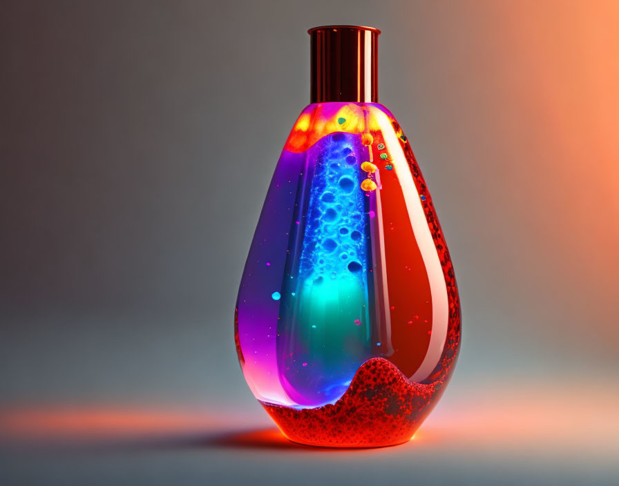 Colorful Pear-Shaped Lava Lamp with Blue and Red Lava on Gray Background