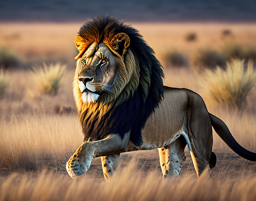 Majestic lion with full mane in golden savannah at dusk