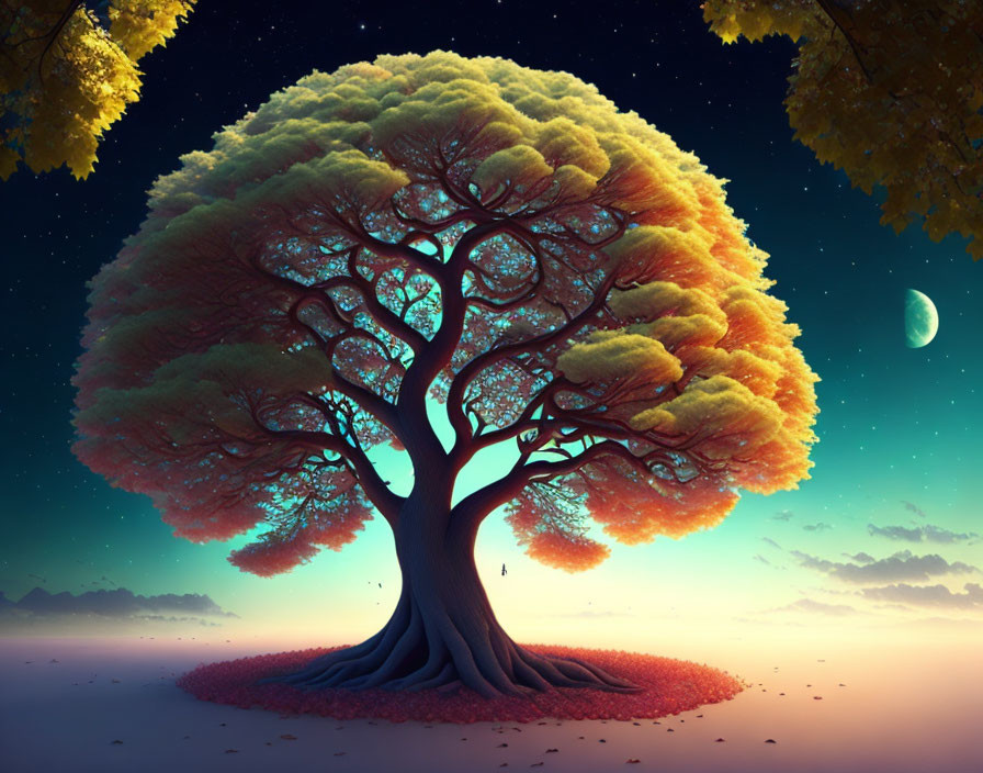 Majestic Tree with Orange Foliage, Crescent Moon, Stars, and Fallen Leaves