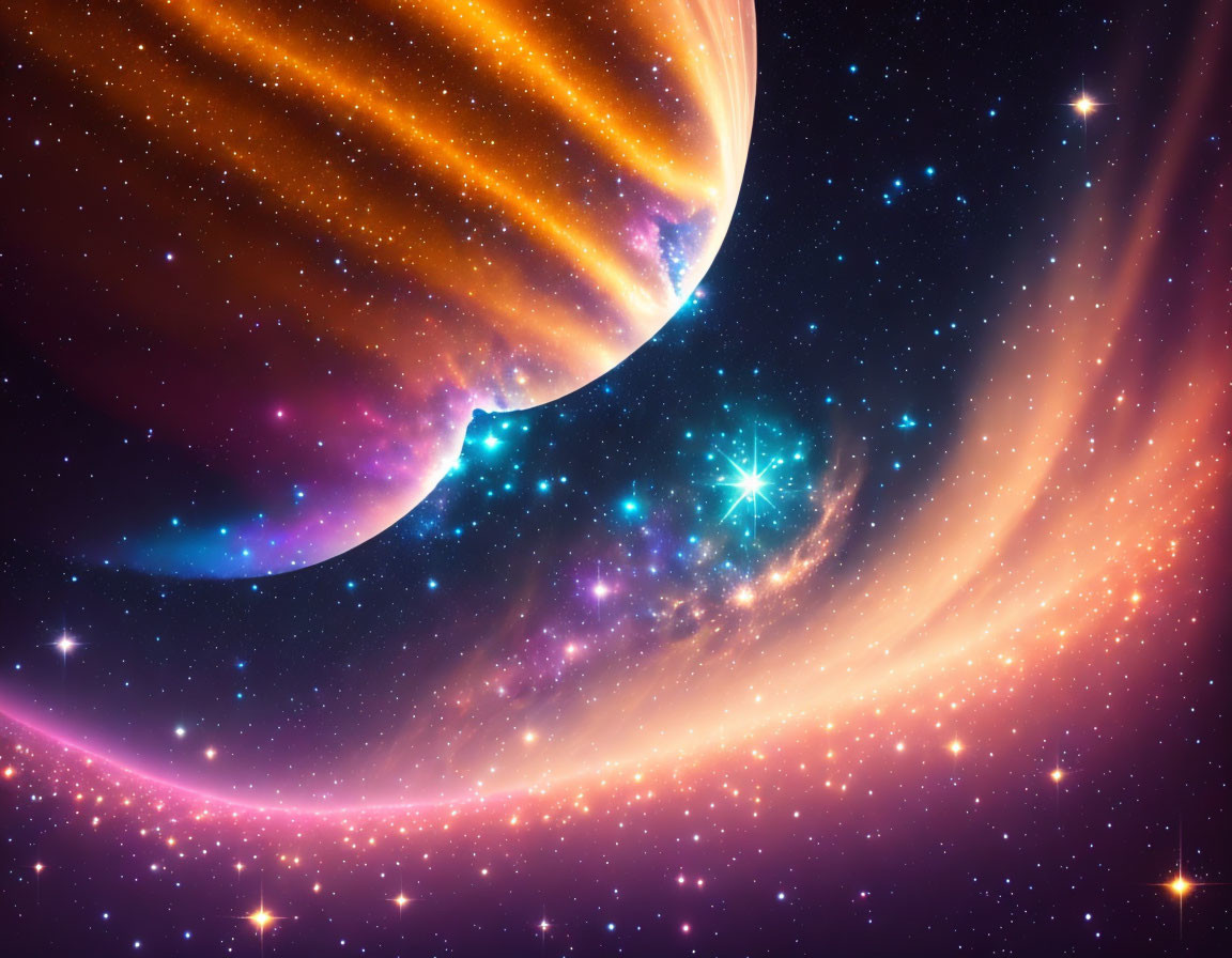 Colorful Cosmic Scene with Striped Planet and Luminous Star