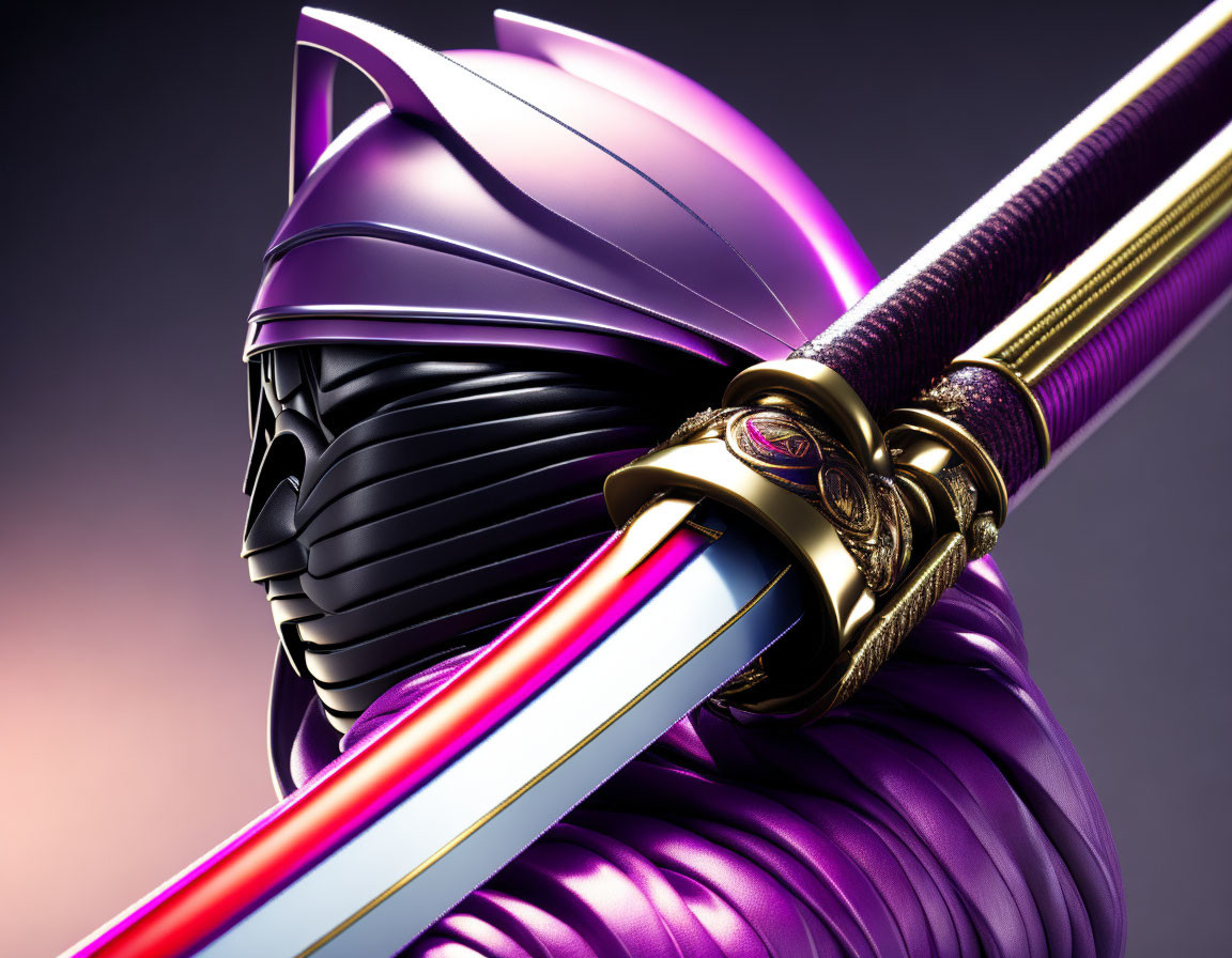 Detailed Close-Up of Vibrant Purple Samurai Helmet & Katana with Gold Detailing