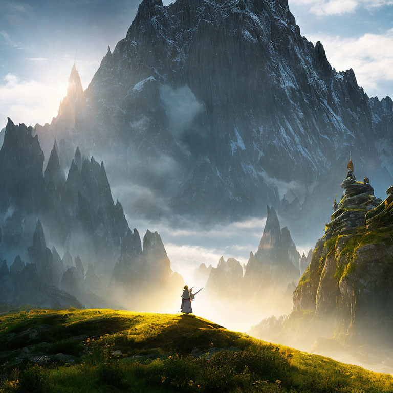 Solitary figure with raised sword on grassy hilltop under breaking light.