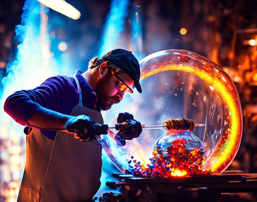 Craftsman shapes colorful glass object with blowtorch in vibrant workshop