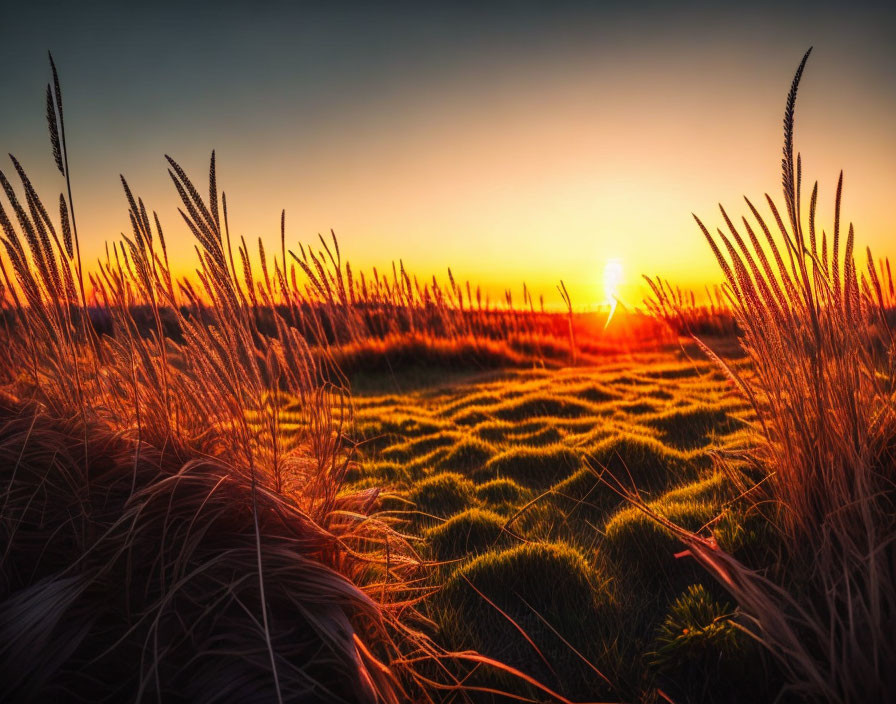 Golden sunset over wheat field with long shadows