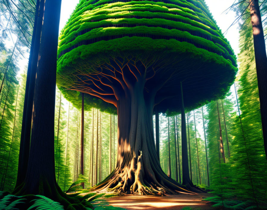 Enormous tree with tiered green foliage in fantastical forest