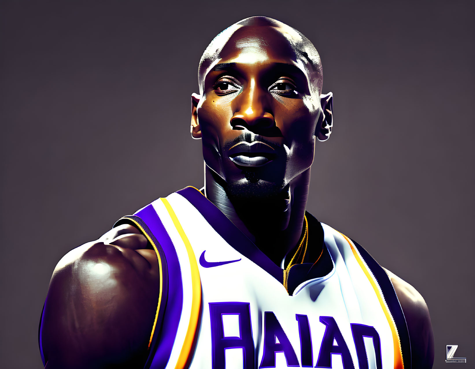 Intense basketball player portrait in purple and white jersey on dark background