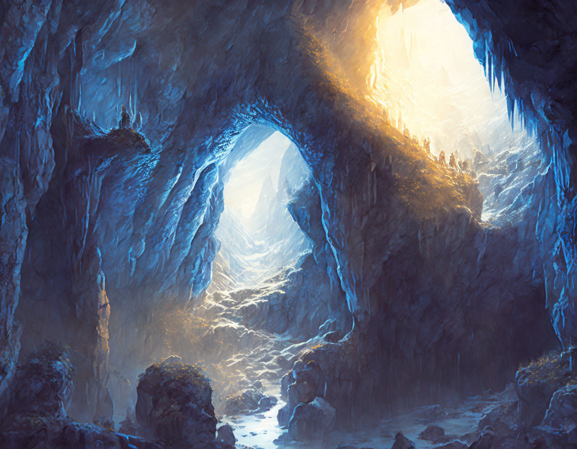 Fantasy Ice Cave with Large Arched Entrance and Adventurers Silhouettes