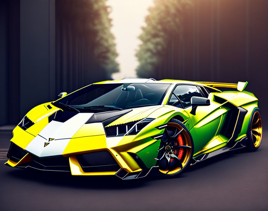 Vibrant Green and Yellow Lamborghini Parked Among Dark Trees