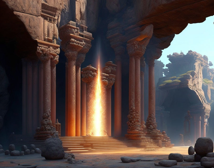 Ancient Temple with Towering Columns and Sunlight Glow Amid Rocky Ruins