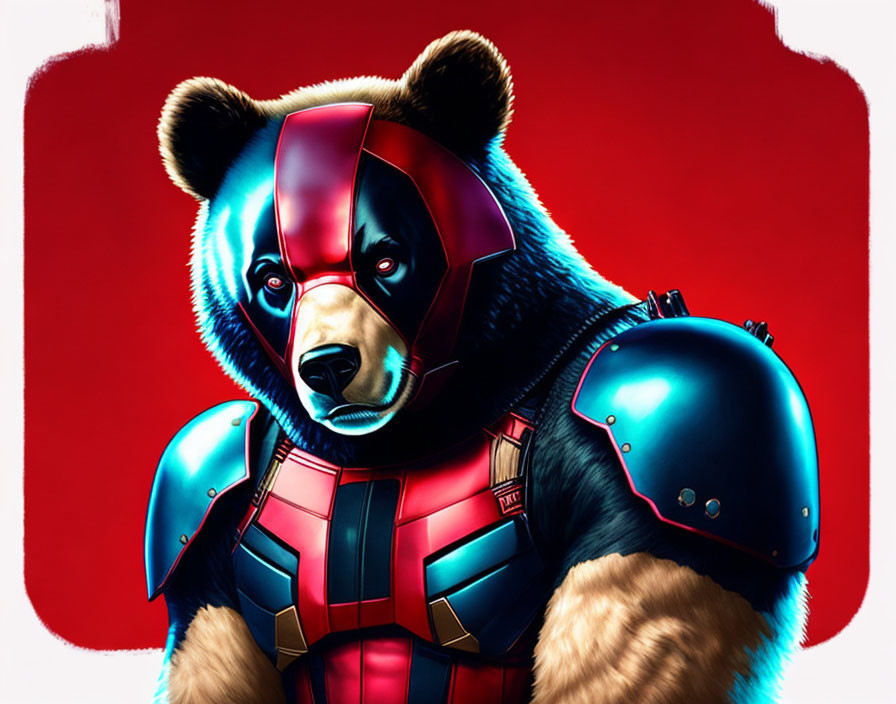 Bear in superhero costume on red background