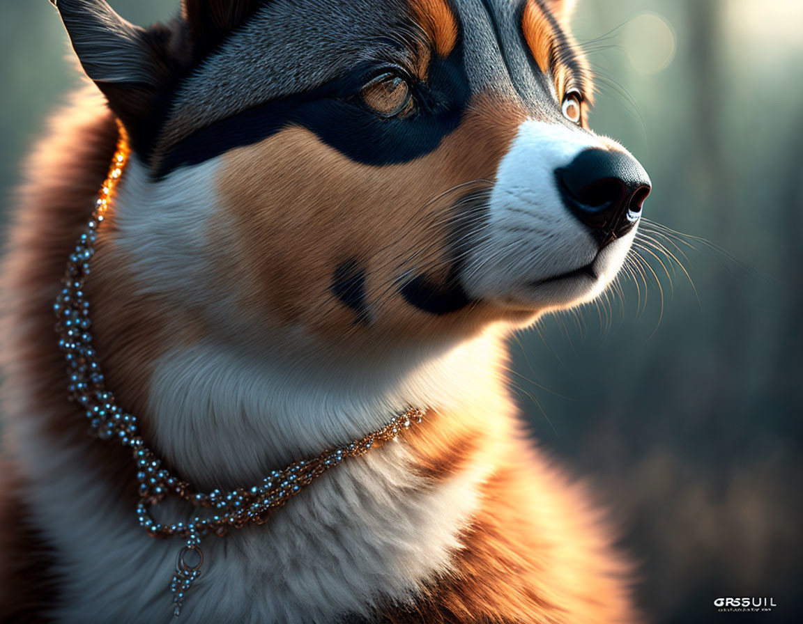 Detailed close-up of a dog with striking markings and sparkling necklace against soft-focus background