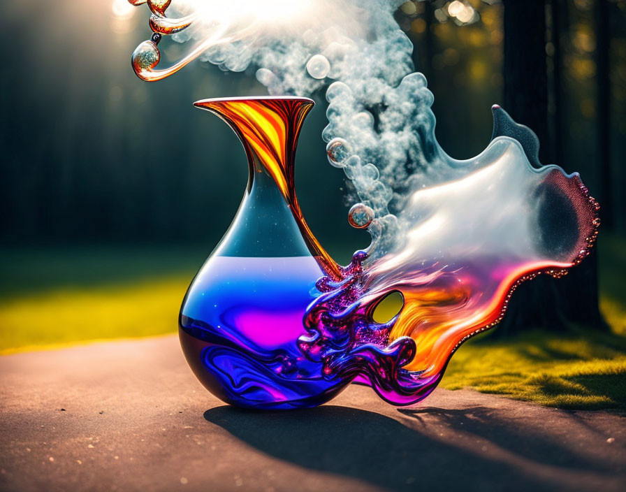 Colorful Glass Vase with Dynamic Splash Effect Against Forest Backdrop