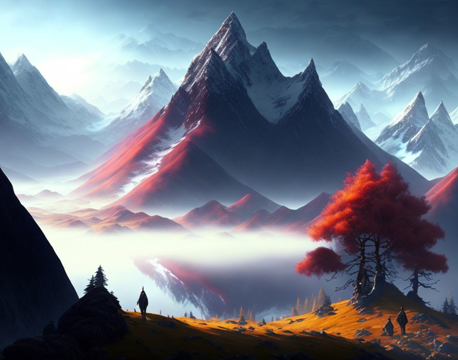 Person under fiery-red tree on grassy ridge with fog-covered mountains and glowing peaks.