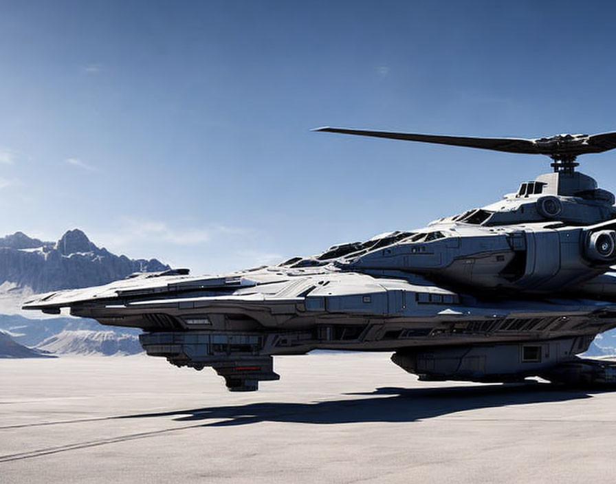 Futuristic spacecraft with multiple engines on barren landscape