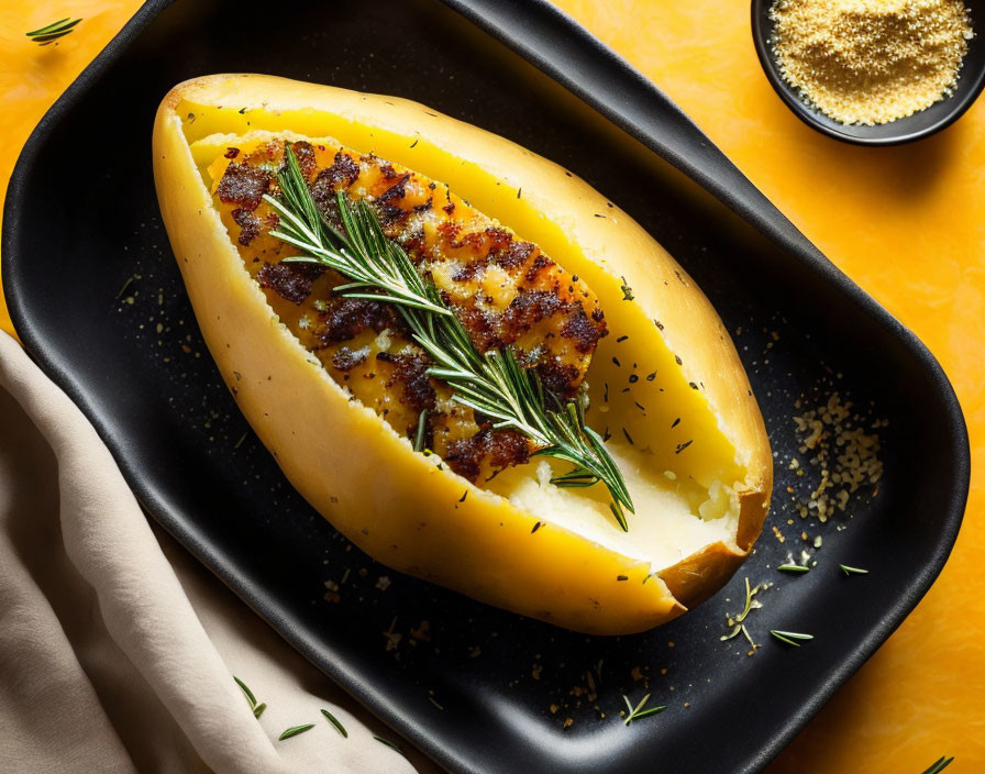 Half-mango grilled with rosemary on black plate, sugar garnish, yellow background