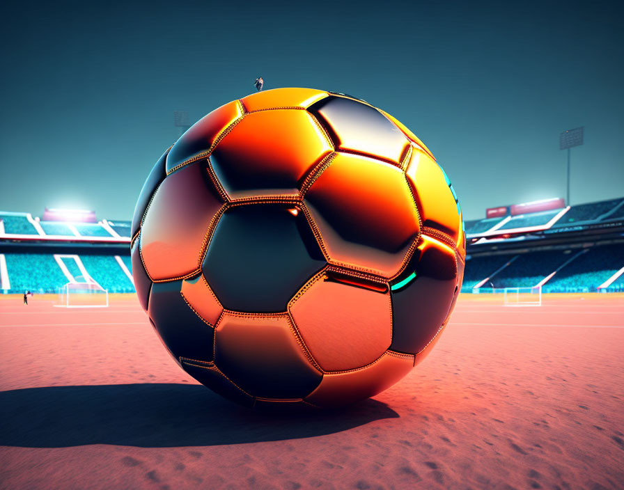 Gigantic glossy soccer ball in empty stadium under clear sky