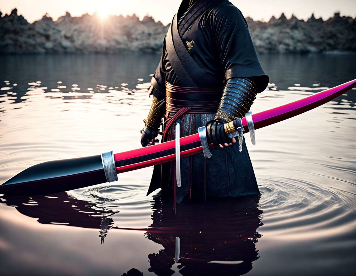 Traditional Samurai Armor Figure with Pink Blade Sword in Sunset Water