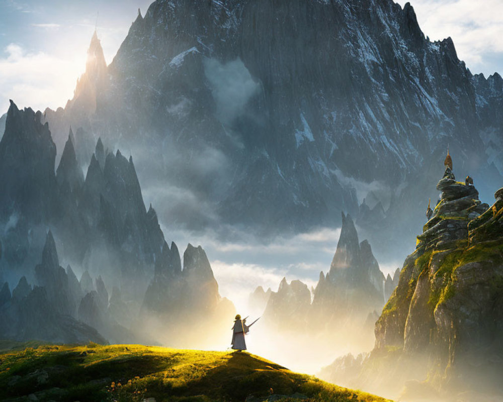 Solitary figure with raised sword on grassy hilltop under breaking light.