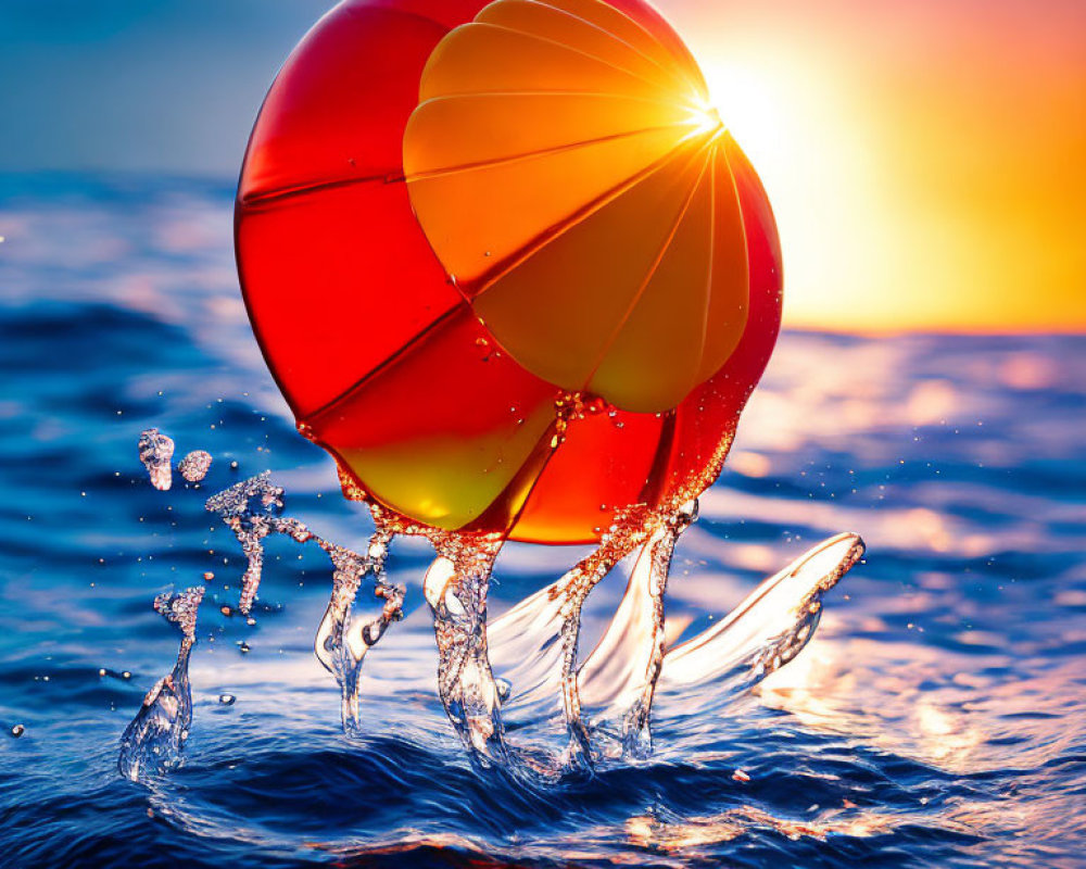 Colorful beach ball splashes into sea at sunset