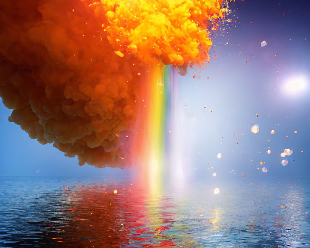 Fiery orange explosion creates vibrant rainbow over serene sea