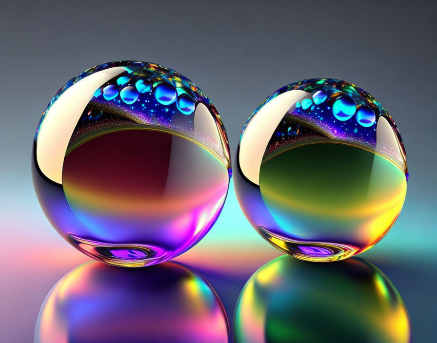 Iridescent spheres with water droplets on colorful gradient background