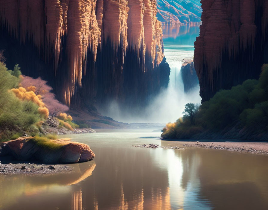 Tranquil waterfall in red canyon with lush greenery