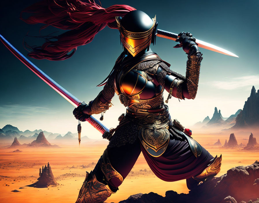 Ornate armored warrior with glowing sword in dramatic desert landscape