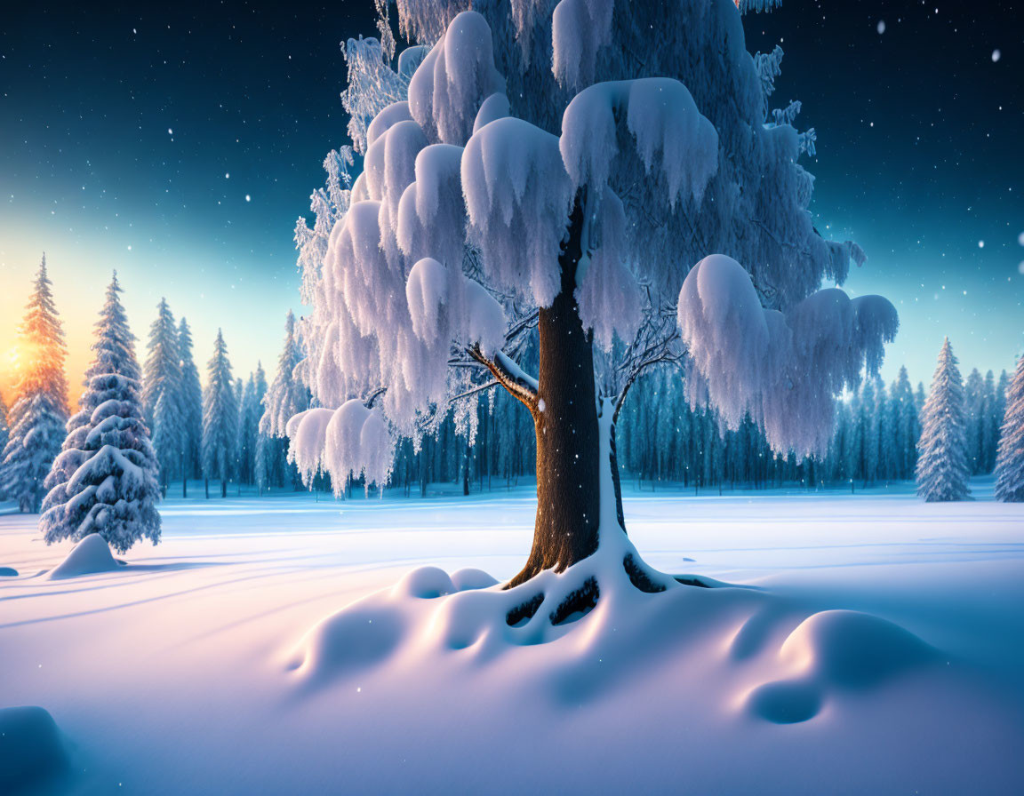 Snow-covered trees in serene winter forest with sunset glow and falling snowflakes