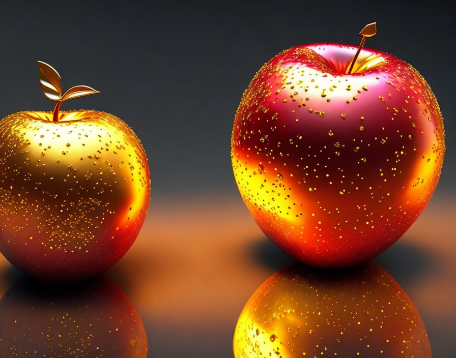 Shimmering red and golden apples on reflective surface