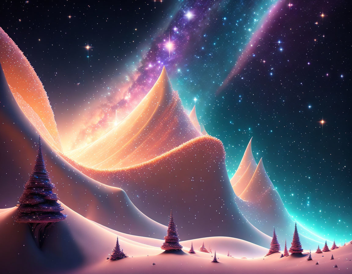 Nighttime Snowy Landscape with Orange Light Waves and Stars