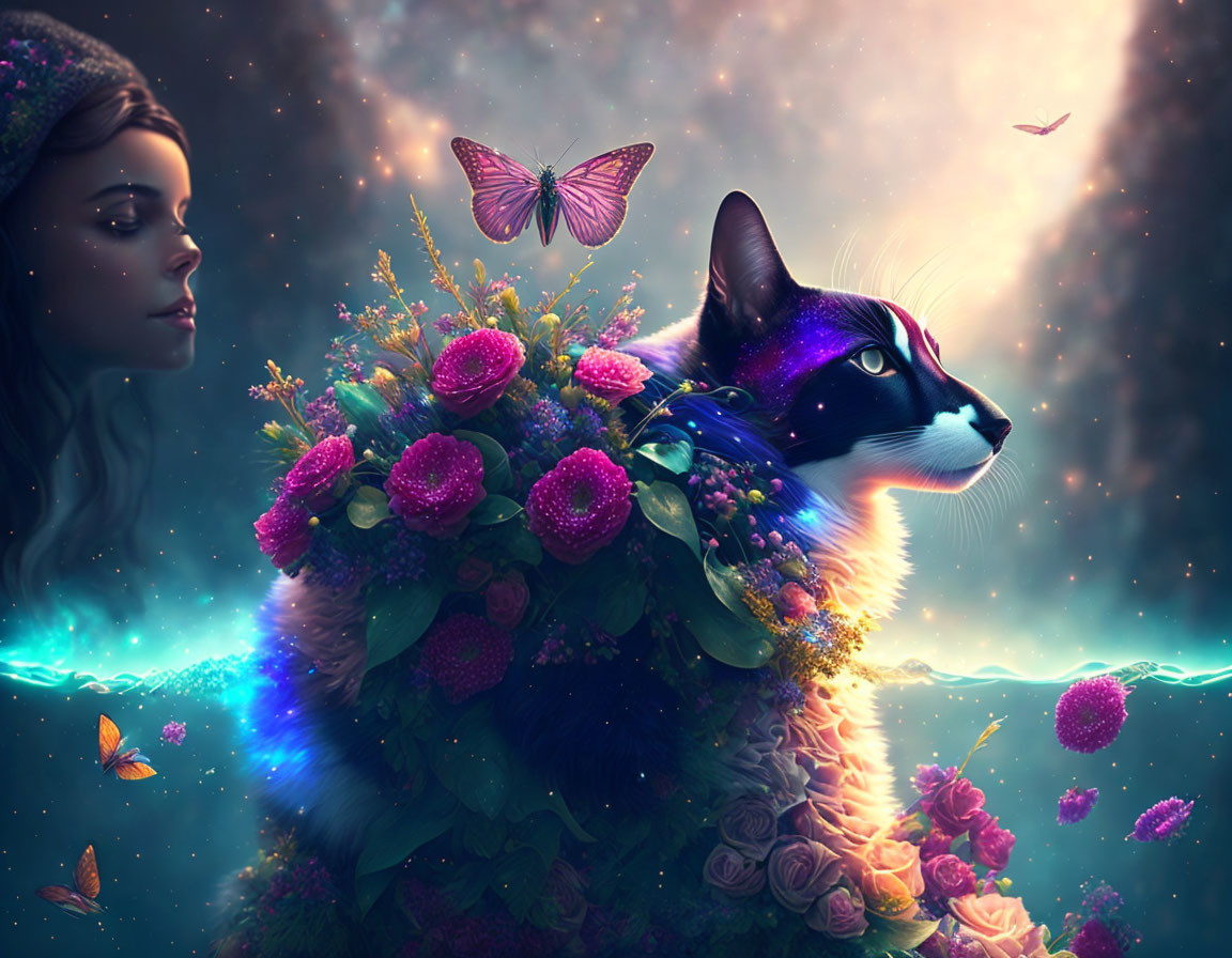 Fantastical silhouette of woman and cat with vibrant flowers, butterflies, and cosmic sky