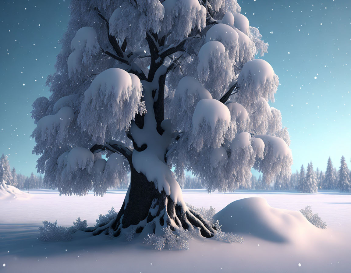 Snow-covered tree in serene winter scene with gentle snowfall
