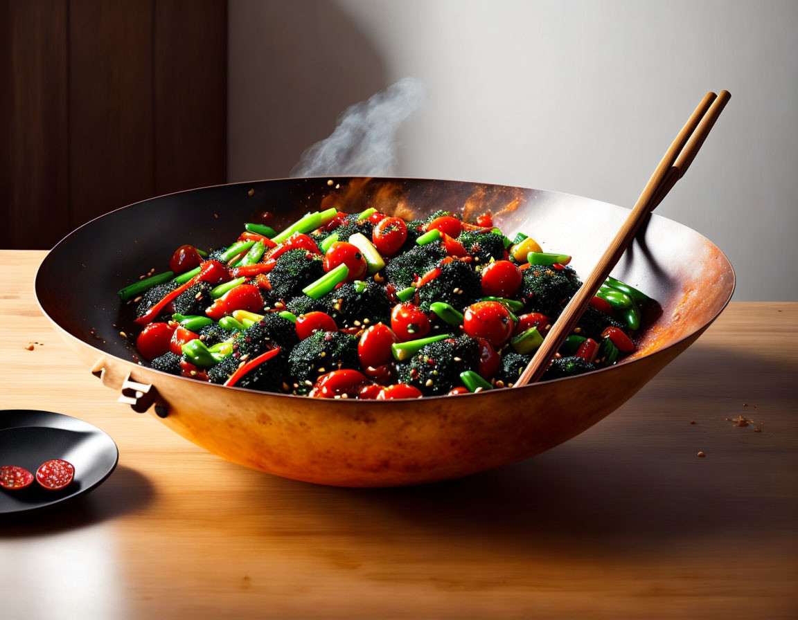 Steamy Stir-Fried Vegetables in Wok with Chopsticks