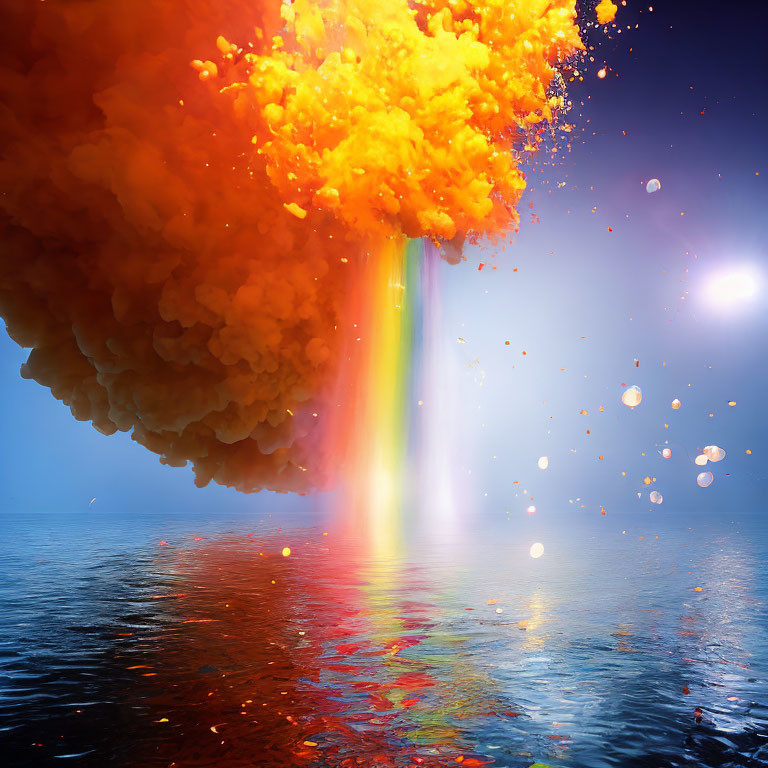 Fiery orange explosion creates vibrant rainbow over serene sea