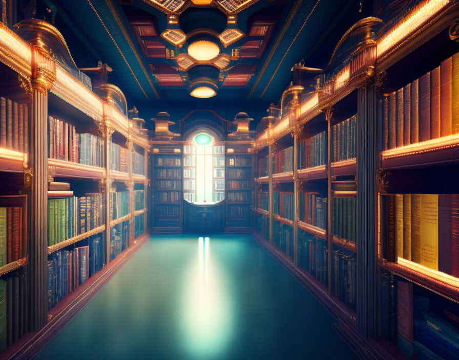 Grand Library with Tall Wooden Shelves and Ornate Hexagonal Ceiling Patterns