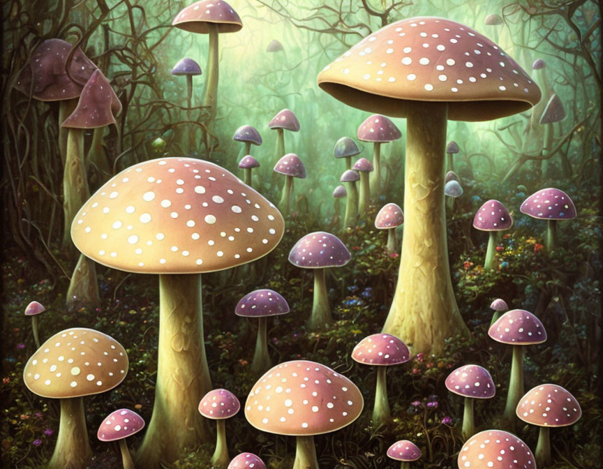 Whimsical oversized mushrooms in enchanting forest landscape