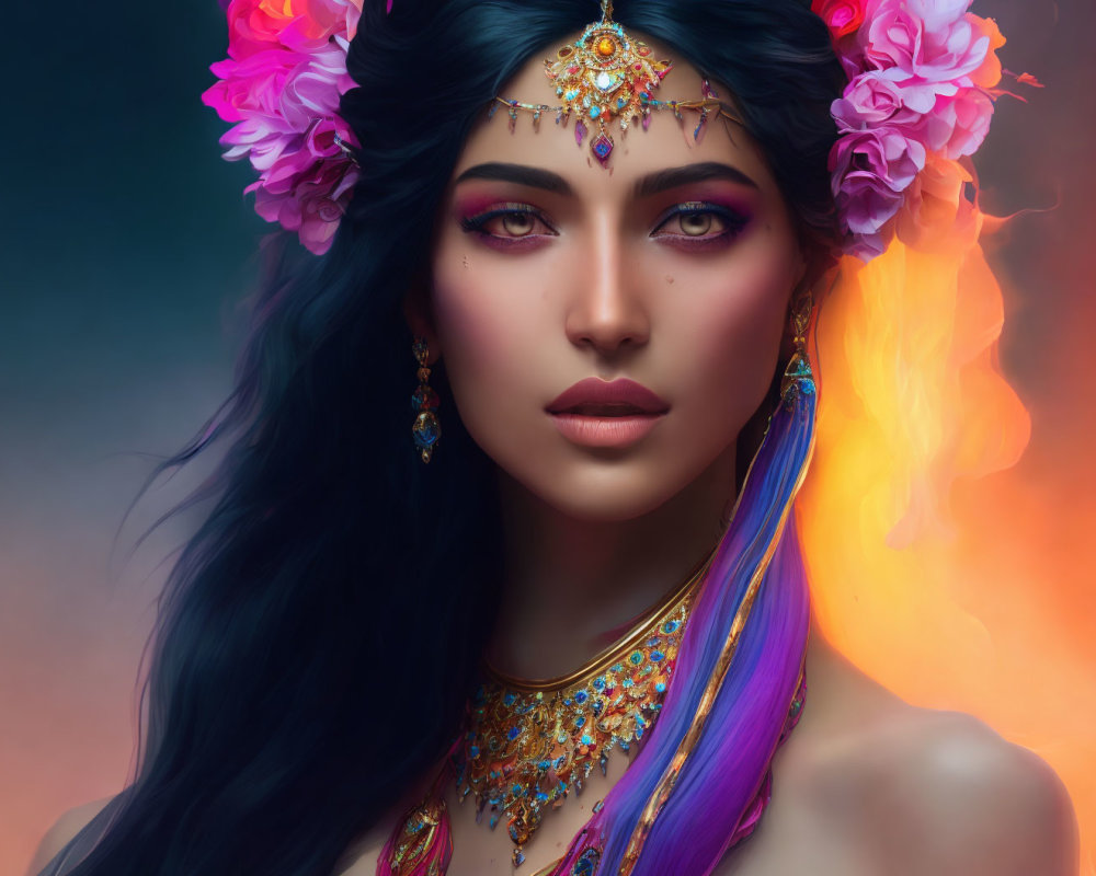 Woman with Striking Makeup and Vibrant Jewelry on Fiery Background