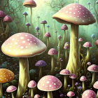 Whimsical oversized mushrooms in enchanting forest landscape