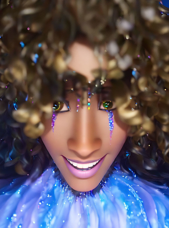 Person with Sparkling Makeup and Blue Glittering Outfit Smiling in Close-up